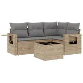 vidaXL 5-tlg. Garten-Sofagarnitur mit Kissen Beige Poly Rattan