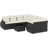 vidaXL 9-tlg. Garten-Sofagarnitur mit Kissen Schwarz Poly Rattan