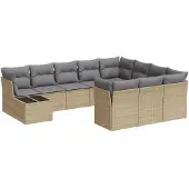 vidaXL 11-tlg. Garten-Sofagarnitur mit Kissen Beige Poly Rattan