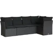 vidaXL 5-tlg. Garten-Sofagarnitur mit Kissen Schwarz Poly Rattan