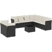 vidaXL 10-tlg. Garten-Sofagarnitur mit Kissen Schwarz Poly Rattan