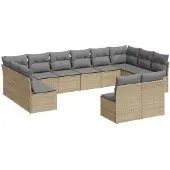 vidaXL 12-tlg. Garten-Sofagarnitur mit Kissen Beige Poly Rattan