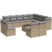 vidaXL 13-tlg. Garten-Sofagarnitur mit Kissen Beige Poly Rattan