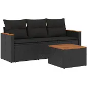 vidaXL 4-tlg. Garten-Sofagarnitur mit Kissen Schwarz Poly Rattan