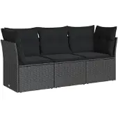 vidaXL 3-tlg. Garten-Sofagarnitur mit Kissen Schwarz Poly Rattan