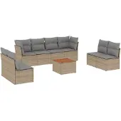 vidaXL 9-tlg. Garten-Sofagarnitur mit Kissen Beige Poly Rattan