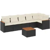 vidaXL 7-tlg. Garten-Sofagarnitur mit Kissen Schwarz Poly Rattan