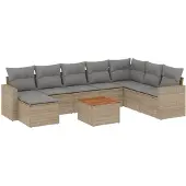 vidaXL 9-tlg. Garten-Sofagarnitur mit Kissen Beige Poly Rattan