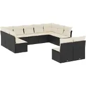 vidaXL 11-tlg. Garten-Sofagarnitur mit Kissen Schwarz Poly Rattan