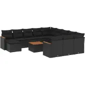 vidaXL 13-tlg. Garten-Sofagarnitur mit Kissen Schwarz Poly Rattan