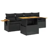 vidaXL 5-tlg. Garten-Sofagarnitur mit Kissen Schwarz Poly Rattan