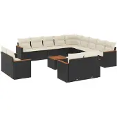 vidaXL 14-tlg. Garten-Sofagarnitur mit Kissen Schwarz Poly Rattan