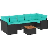 vidaXL 8-tlg. Garten-Sofagarnitur mit Kissen Schwarz Poly Rattan