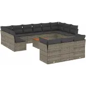 vidaXL 14-tlg. Garten-Sofagarnitur mit Kissen Grau Poly Rattan