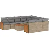 vidaXL 11-tlg. Garten-Sofagarnitur mit Kissen Beige Poly Rattan