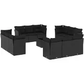 vidaXL 13-tlg. Garten-Sofagarnitur mit Kissen Schwarz Poly Rattan
