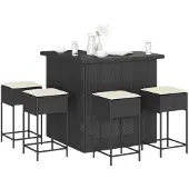 vidaXL 5-tlg. Gartenbar-Set mit Kissen Schwarz Poly Rattan