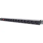 Intellinet 12-fach Steckdosenleiste, Schutzkontakt, vertikale Rackmontage, Überlastschalter, Netzschalter, 1,6 m Stromkabel, 1U, Horizontal, Aluminium, Schwarz, 12 AC-Ausgänge, Typ F
