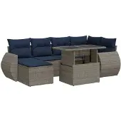 vidaXL 7-tlg. Garten-Sofagarnitur mit Kissen Grau Poly Rattan Akazie