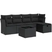 vidaXL 6-tlg. Garten-Sofagarnitur mit Kissen Schwarz Poly Rattan
