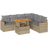 vidaXL 7-tlg. Garten-Sofagarnitur mit Kissen Beige Poly Rattan Akazie