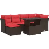 vidaXL 7-tlg. Garten-Sofagarnitur mit Kissen Braun Poly Rattan Akazie