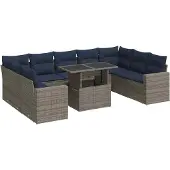 vidaXL 10-tlg. Garten-Sofagarnitur mit Kissen Grau Poly Rattan Akazie