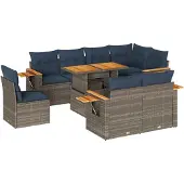 vidaXL 9-tlg. Garten-Sofagarnitur mit Kissen Grau Poly Rattan Akazie