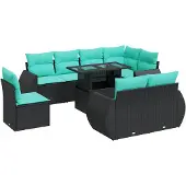 vidaXL 9-tlg. Garten-Sofagarnitur mit Kissen Schwarz Poly Rattan
