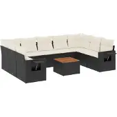 vidaXL 10-tlg. Garten-Sofagarnitur mit Kissen Schwarz Poly Rattan