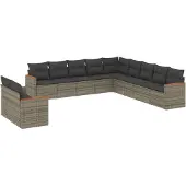 vidaXL 11-tlg. Garten-Sofagarnitur mit Kissen Grau Poly Rattan
