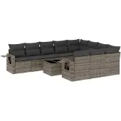 vidaXL 11-tlg. Garten-Sofagarnitur mit Kissen Grau Poly Rattan
