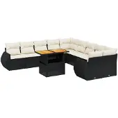 vidaXL 11-tlg. Garten-Sofagarnitur mit Kissen Schwarz Poly Rattan