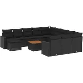 vidaXL 13-tlg. Garten-Sofagarnitur mit Kissen Schwarz Poly Rattan