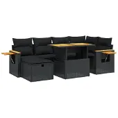 vidaXL 7-tlg. Garten-Sofagarnitur mit Kissen Schwarz Poly Rattan