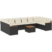 vidaXL 11-tlg. Garten-Sofagarnitur mit Kissen Schwarz Poly Rattan