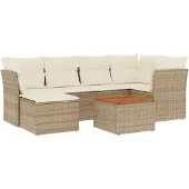 vidaXL 7-tlg. Garten-Sofagarnitur mit Kissen Beige Poly Rattan