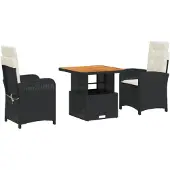 vidaXL 3-tlg. Garten-Essgruppe mit Kissen Schwarz Poly Rattan