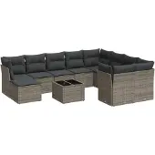 vidaXL 11-tlg. Garten-Sofagarnitur mit Kissen Grau Poly Rattan