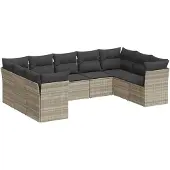 vidaXL 9-tlg. Garten-Sofagarnitur mit Kissen Hellgrau Poly Rattan