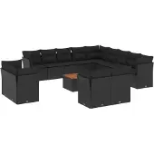 vidaXL 14-tlg. Garten-Sofagarnitur mit Kissen Schwarz Poly Rattan
