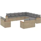 vidaXL 13-tlg. Garten-Sofagarnitur mit Kissen Beige Poly Rattan