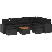 vidaXL 10-tlg. Garten-Sofagarnitur mit Kissen Schwarz Poly Rattan
