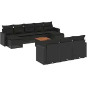 vidaXL 11-tlg. Garten-Sofagarnitur mit Kissen Schwarz Poly Rattan