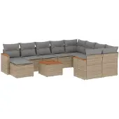 vidaXL 11-tlg. Garten-Sofagarnitur mit Kissen Beige Poly Rattan