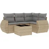 vidaXL 5-tlg. Garten-Sofagarnitur mit Kissen Beige Poly Rattan