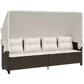 vidaXL Sonnenliege mit Dach und Kissen Braun Poly Rattan