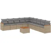 vidaXL 10-tlg. Garten-Sofagarnitur mit Kissen Beige Poly Rattan