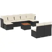 vidaXL 10-tlg. Garten-Sofagarnitur mit Kissen Schwarz Poly Rattan