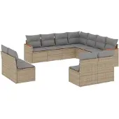vidaXL 11-tlg. Garten-Sofagarnitur mit Kissen Beige Poly Rattan